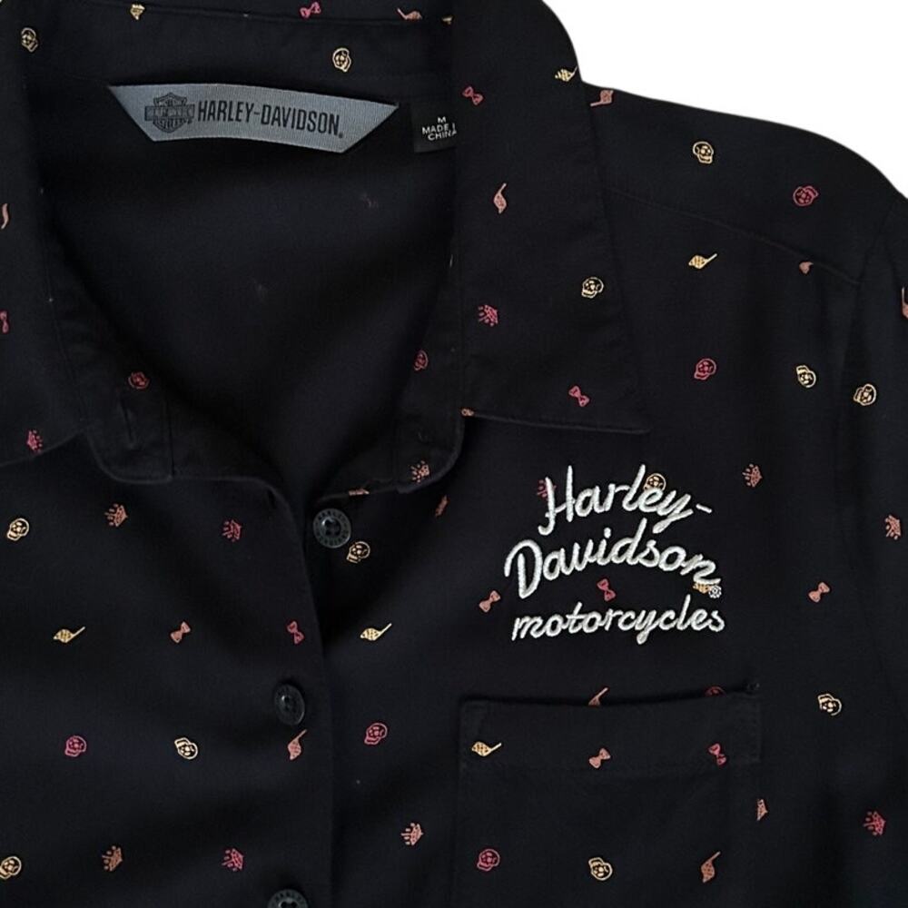 Harley-Davidson Women’s Black Button-Up Shirt Mini Print Medium - Picture 2 of 8